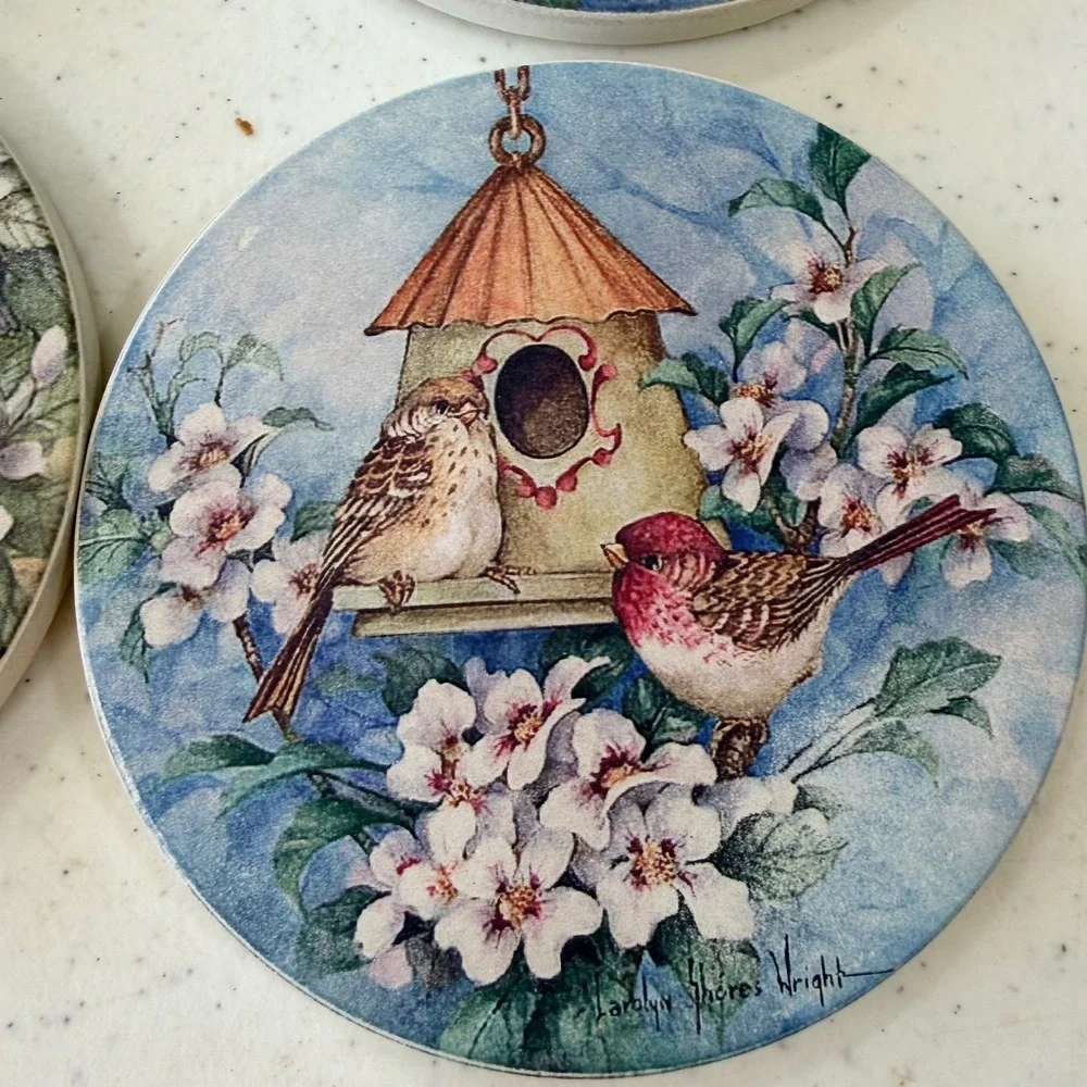CoasterStone Carolyn Shores Wright Bird Birdhouse Rose Absorbent Coasters Set 4